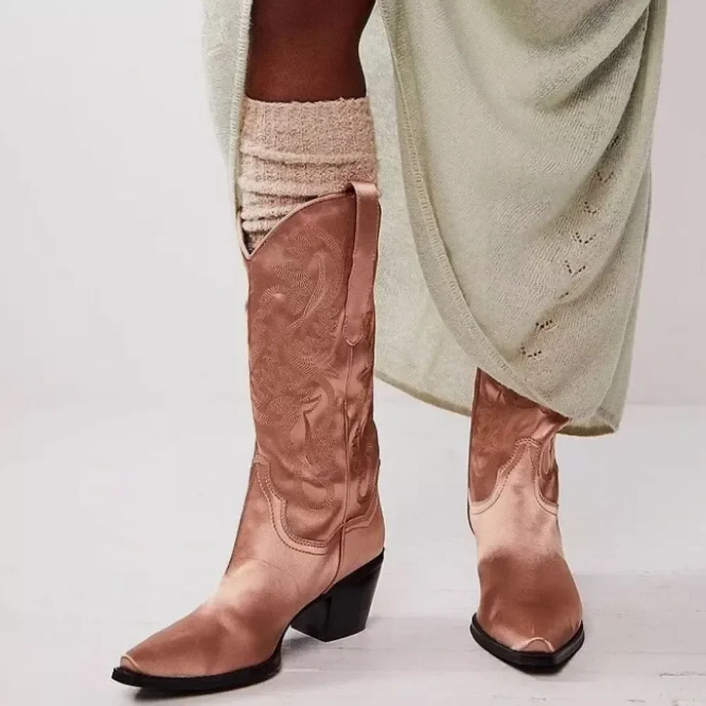 Free People Dagget Western Boots Champagne Rose Satin Amaya Western Size 6